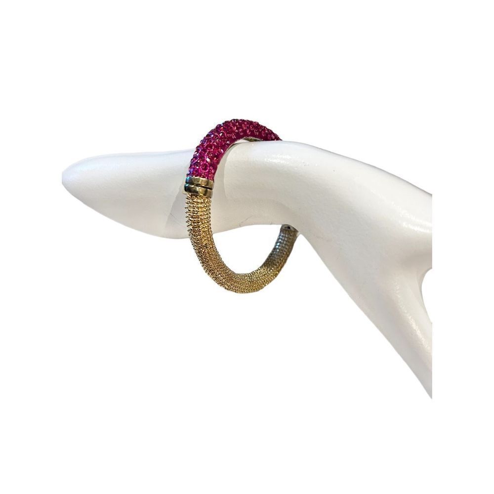 Fuschia pink rhinestone and pebbles gold magnetic latch bangle bracelet - gorgeo